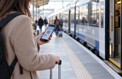 Pasażer sprawdza bilet elektroniczny na telefonie na peronie przed odjazdem pociągu