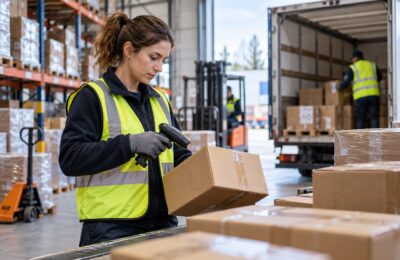 Pracownica skanuje przesyłkę w magazynie obsługującym transport i logistykę