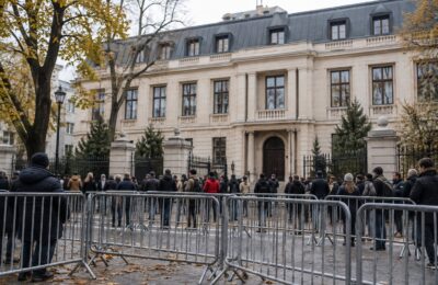 Zgromadzenie i barierki przed budynkiem instytucji publicznej w Warszawie — zdjęcie ilustracyjne