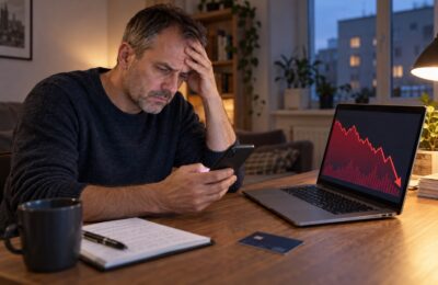 Mężczyzna odkrywa oszustwo inwestycyjne podczas korzystania z telefonu i laptopa