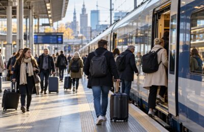 Pasażerowie wsiadają do pociągu dalekobieżnego na dużej stacji