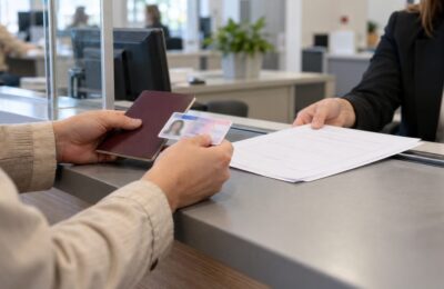 Kierowca składa zagraniczne prawo jazdy i dokumenty przy okienku urzędu